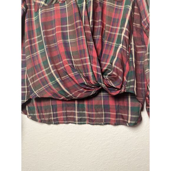 Lauren Ralph Lauren Plaid Twist Front Blouse L Red Green Long Sleeve Draped - Picture 8 of 11